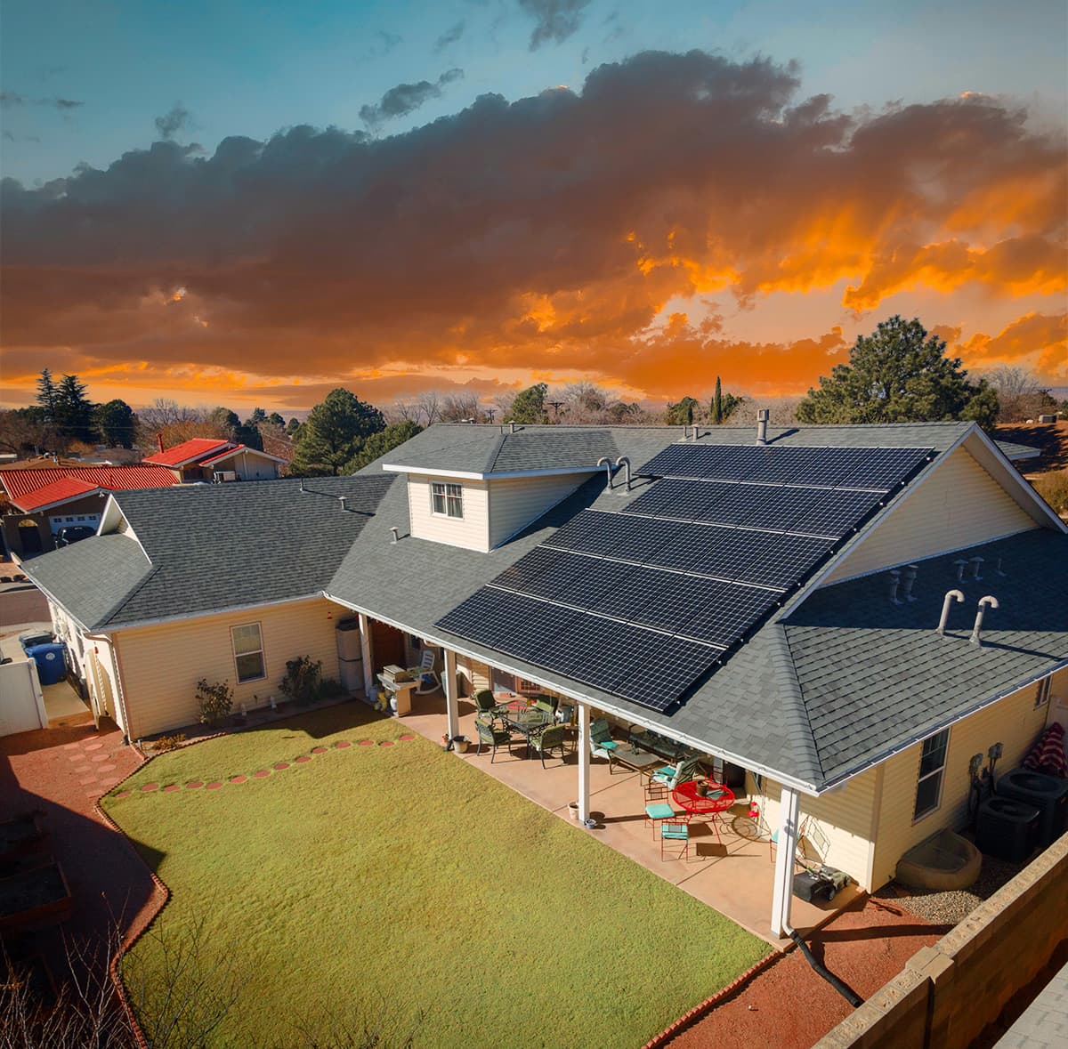Albuquerque home at sunset with a rooftop solar array installed by Epex