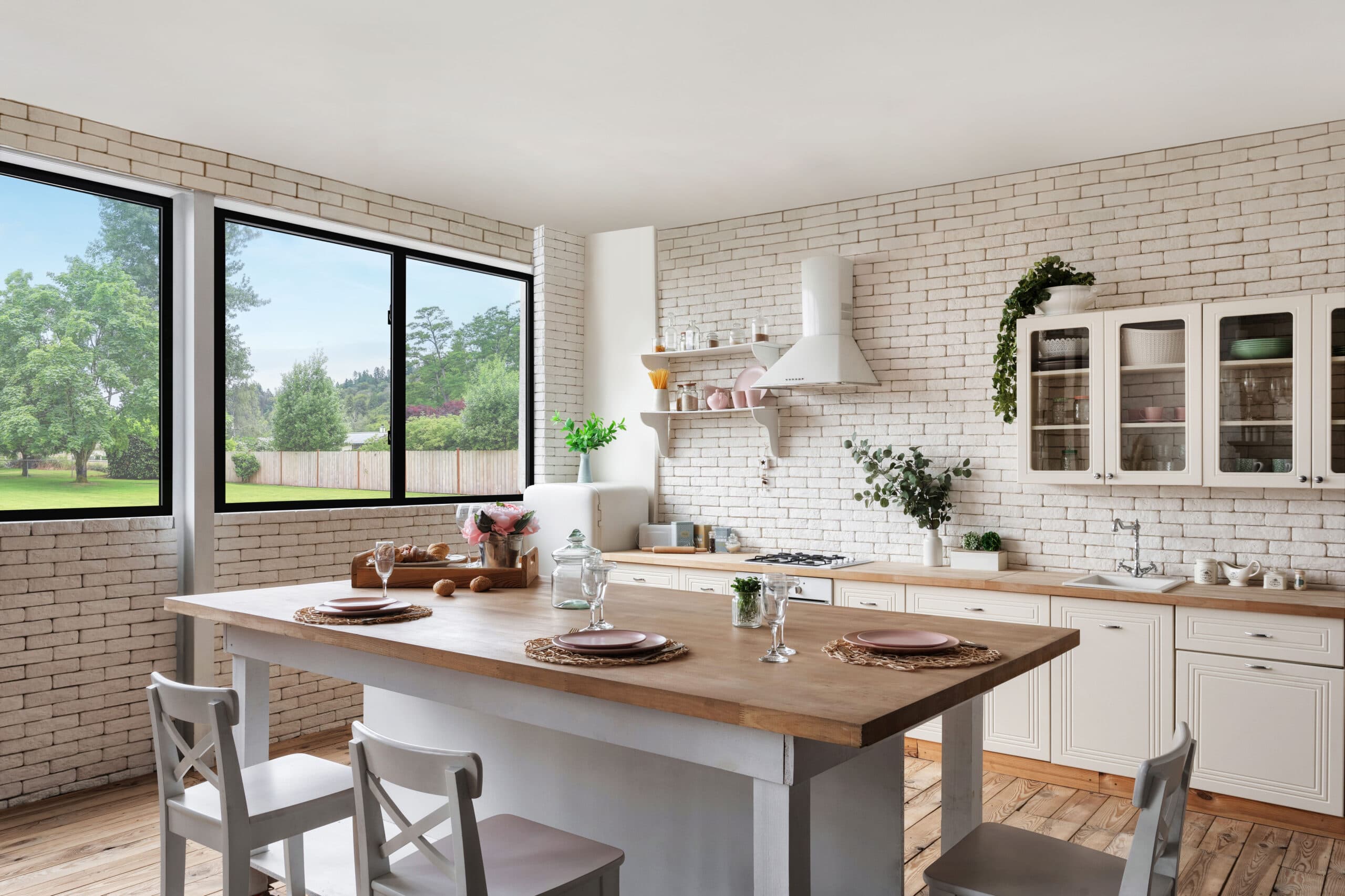 Bright modern kitchen with white brick walls and a bank of black-frame Anlin slider windows looking out to a green backyard