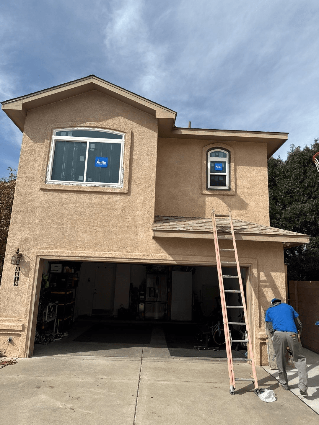 Energy-efficient window on a modern stucco facade